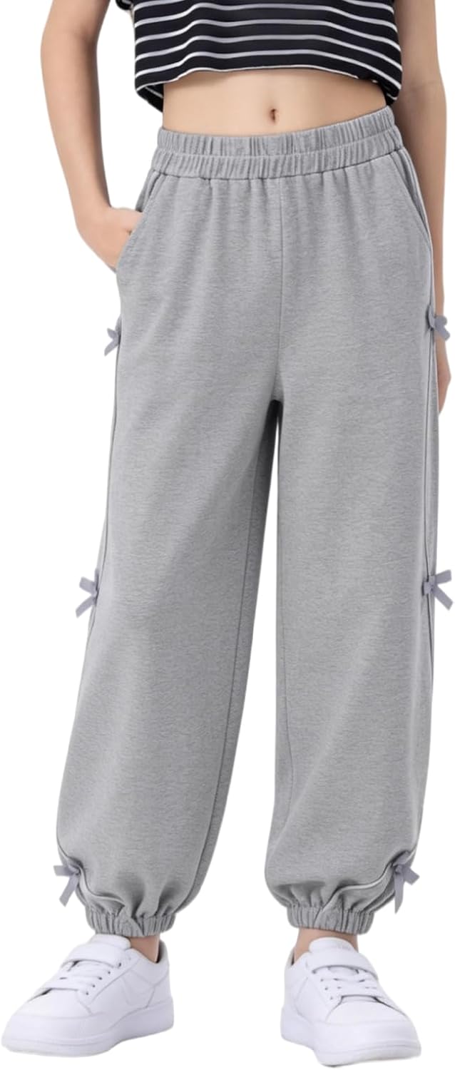 Girls Wide Leg Sweatpants with Bowknot Embroidery Baggy Straight Leg Pants Casual Cotton Pants for School Outdoor