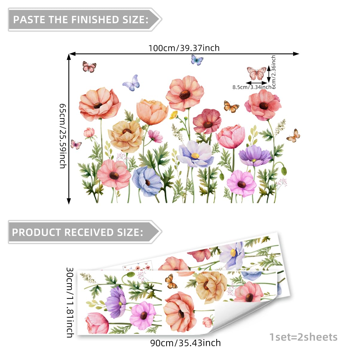 OUFEI Wall Stickers Floral Wallpaper Peel and Stick Colorful Flowers Butterflies Wall Decals for Kids Nursery Girls Bedroom Living Room Decoration - Image 3