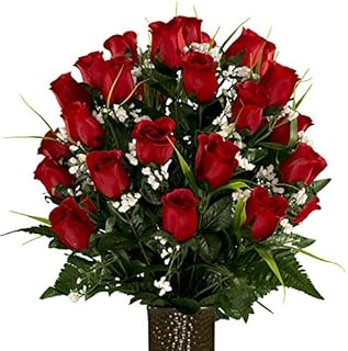 Sympathy Silks Artificial Cemetery Flowers - Realistic - Outdoor Grave Decorations - Red Rose with Lily Grass