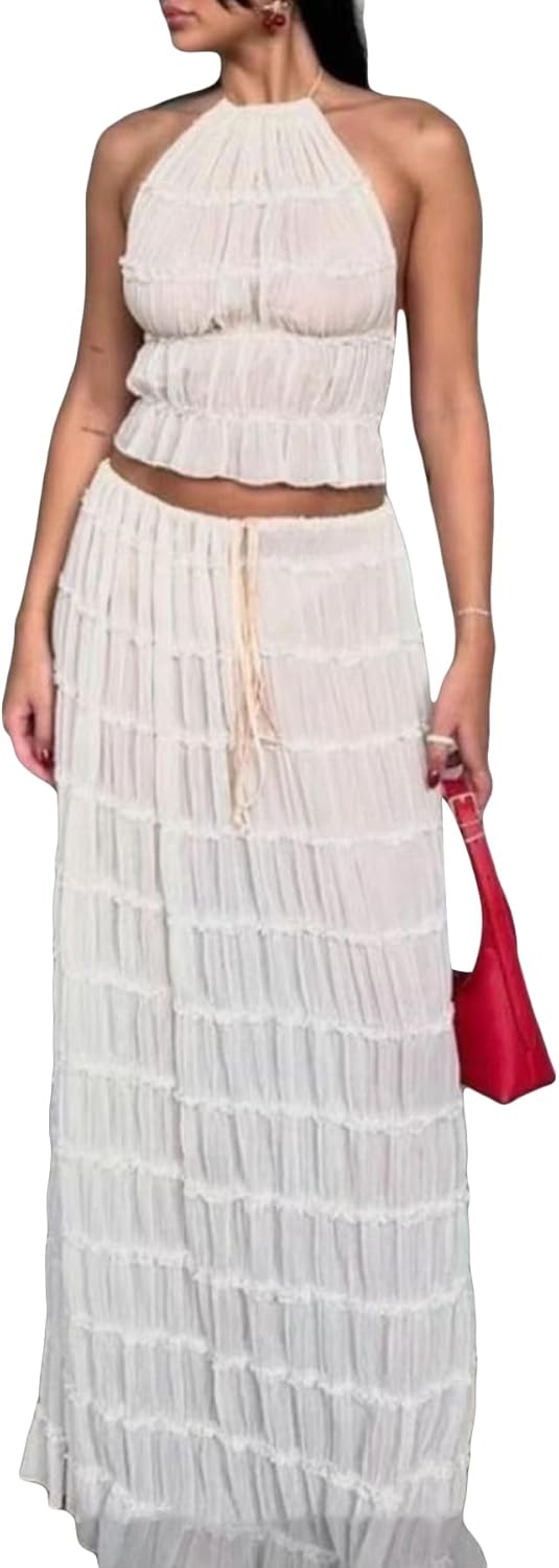 LETSVDO Skirt Sets Women 2 Piece Outfits Backless Halter Top And Pleated Ruffle Flowy Maxi Skirts Y2k Beach Vacation Set