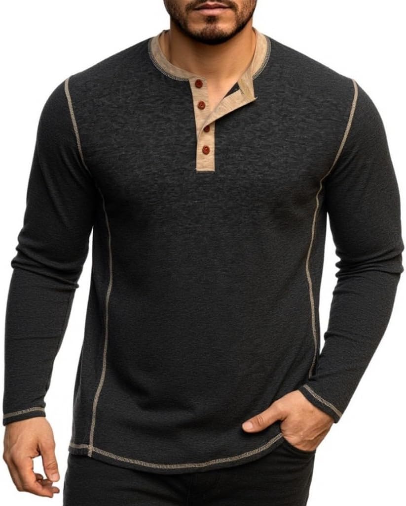Mens Henley Long Sleeve Shirts Casual Button Up T-Shirt Lightweight Pullover Basic Tee - Image 7