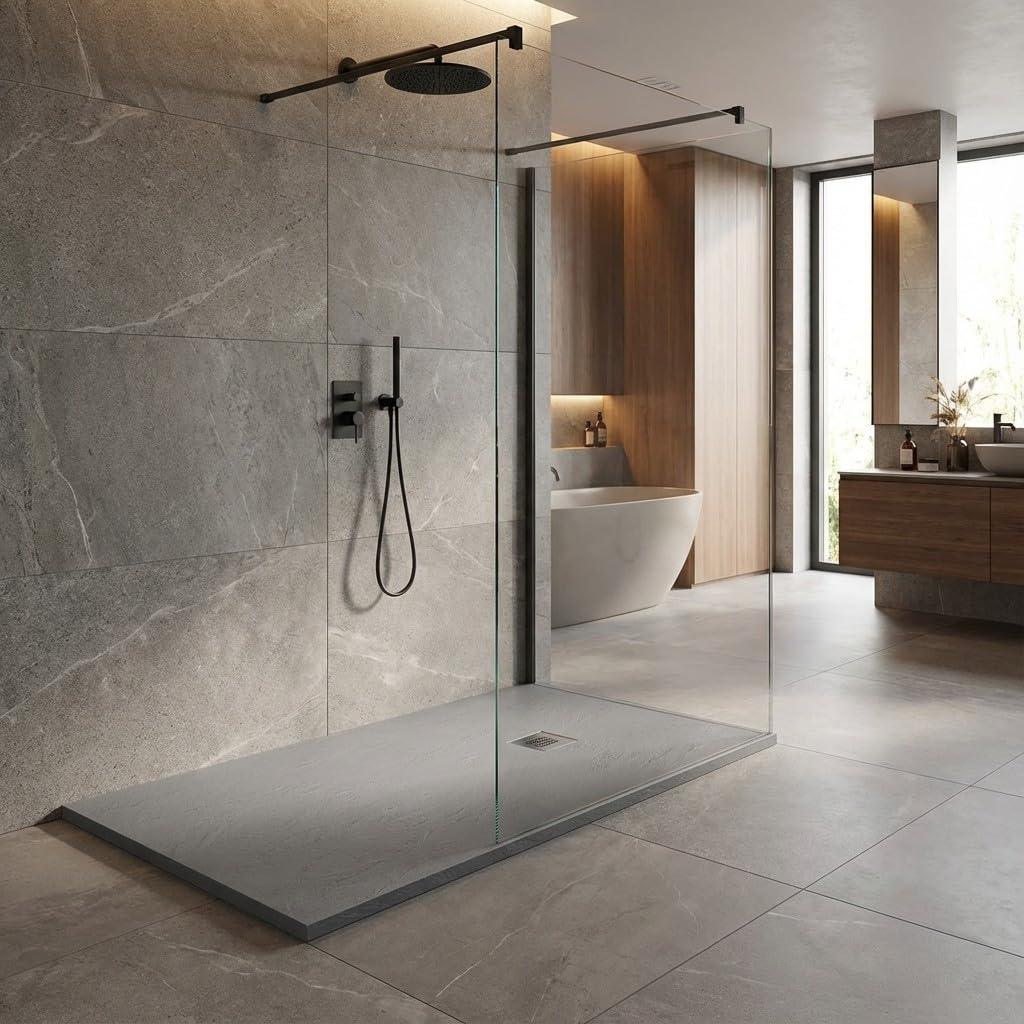 Plato de ducha de resina color cemento 75 x 170 cm con rejilla y desagüe – Showey