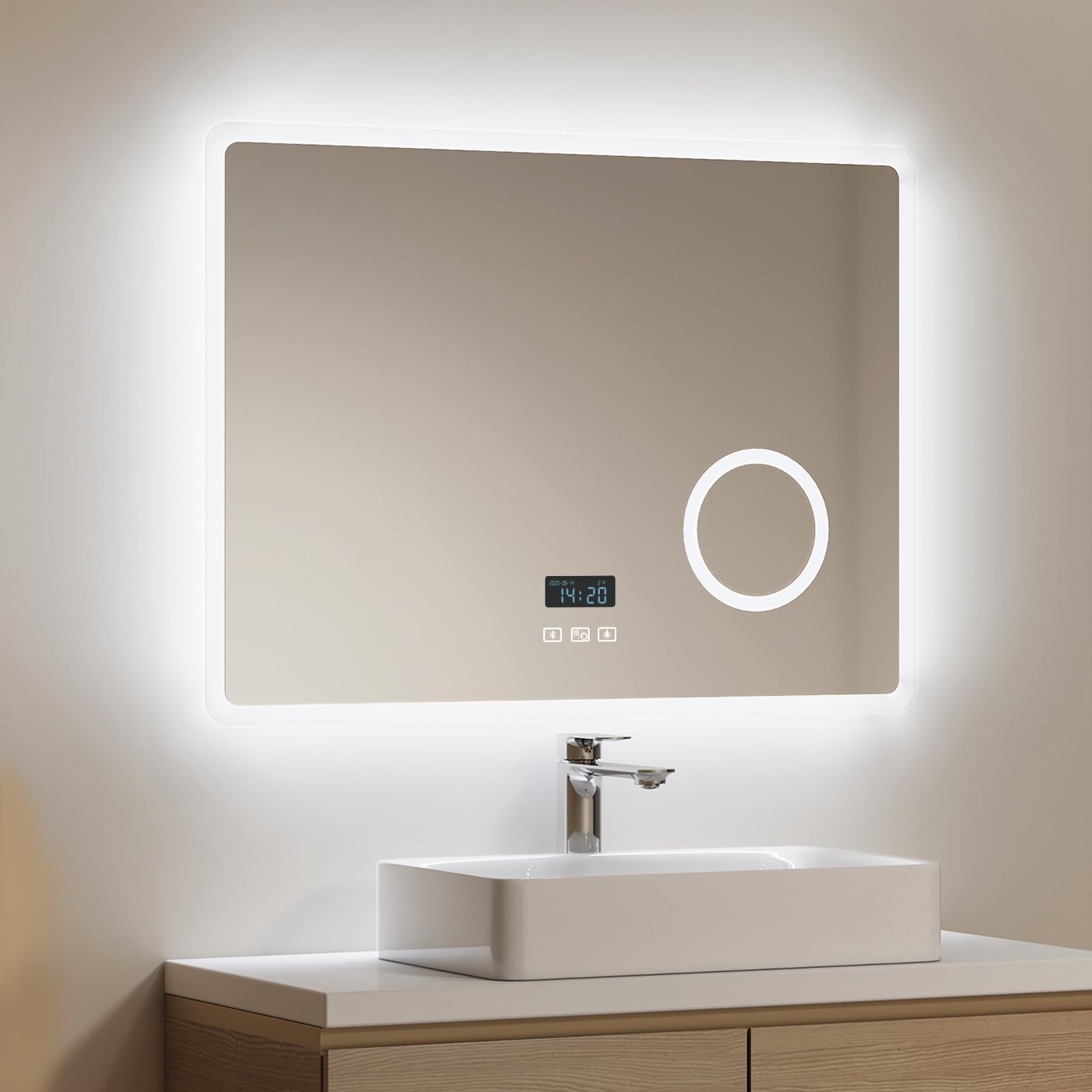 EMKE Espejo de baño Bluetooth con luces LED de 800 x 600 mm, espejo de baño LED con altavoz Bluetooth, almohadilla antivaho calentada, función de atenuación, espejo de maquillaje iluminado con 3 lupas