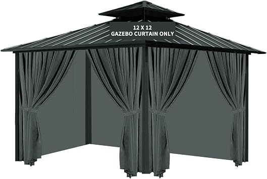 Gazebo Universal Replacement Privacy Curtain, 12X12 Gazebo Curtains Outdoor Waterproof, 4-Panels Sidewall with Zipper for Patio, Garden and Backyard Only Curtains, 12X12, Grey