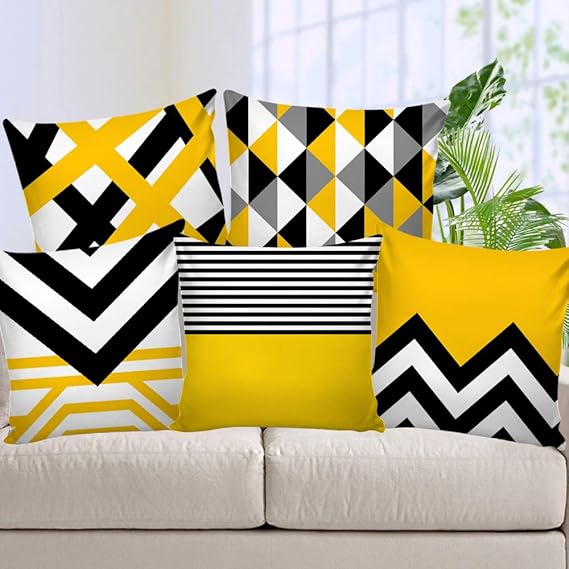 AEROHAVEN Velvet 250TC Cushion Covers, 16x16 inches, Black & Yellow, Set of 5 Pieces