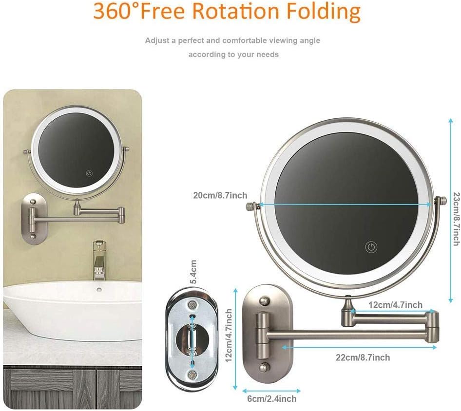 Makeup Mirror 8' Bathroom Mirrors Wall Mounted Makeup Mirror, Upgrade Auto Off LED Shaving Mirror 1X/ 5X Magnifying Double Sided 360° Swivel Extendable, Powered by 4 x AAA Batteries(Nickel)