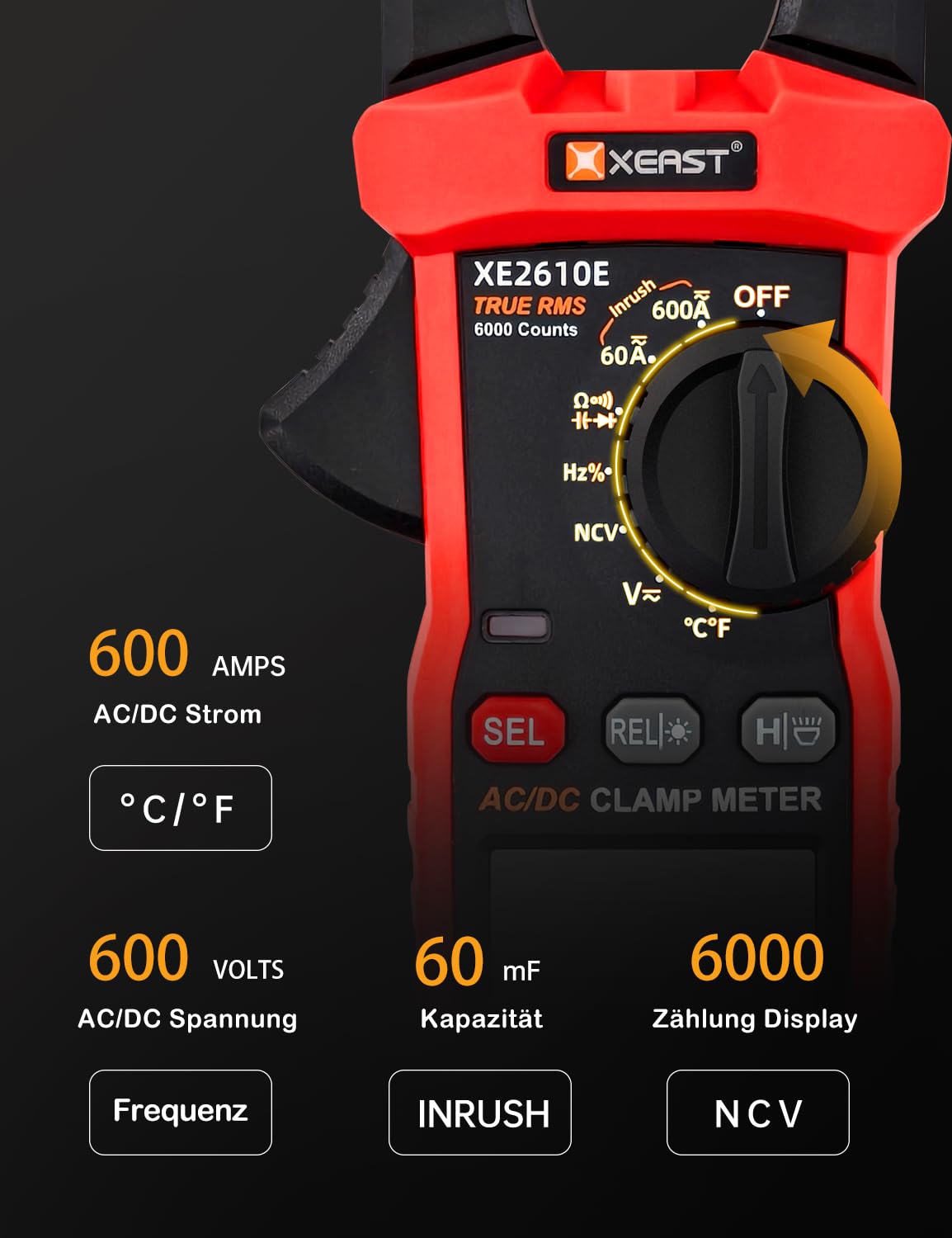 Inrush Digital Zangenmessgerät, TRMS Multimeter 6000 Zählungen, Auto-Ranging, misst AC/DC Strom, Spannung, Kapazität, NCV, Frequenz, Live Wire, Widerstand, Diode, Durchgang – AC/DC Stromzange