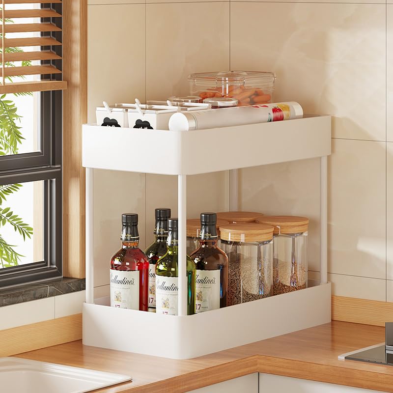 wolpin Under Sink Rectangle Organizer Storage Rack,2-Tier Plastic Holder With Hooks & Cup Holder For Kitchen Multi-Purpose Under Bathroom Cabinet Storage & Kitchen Organizer Baskets(40 X 21 X 39 Cm) 2