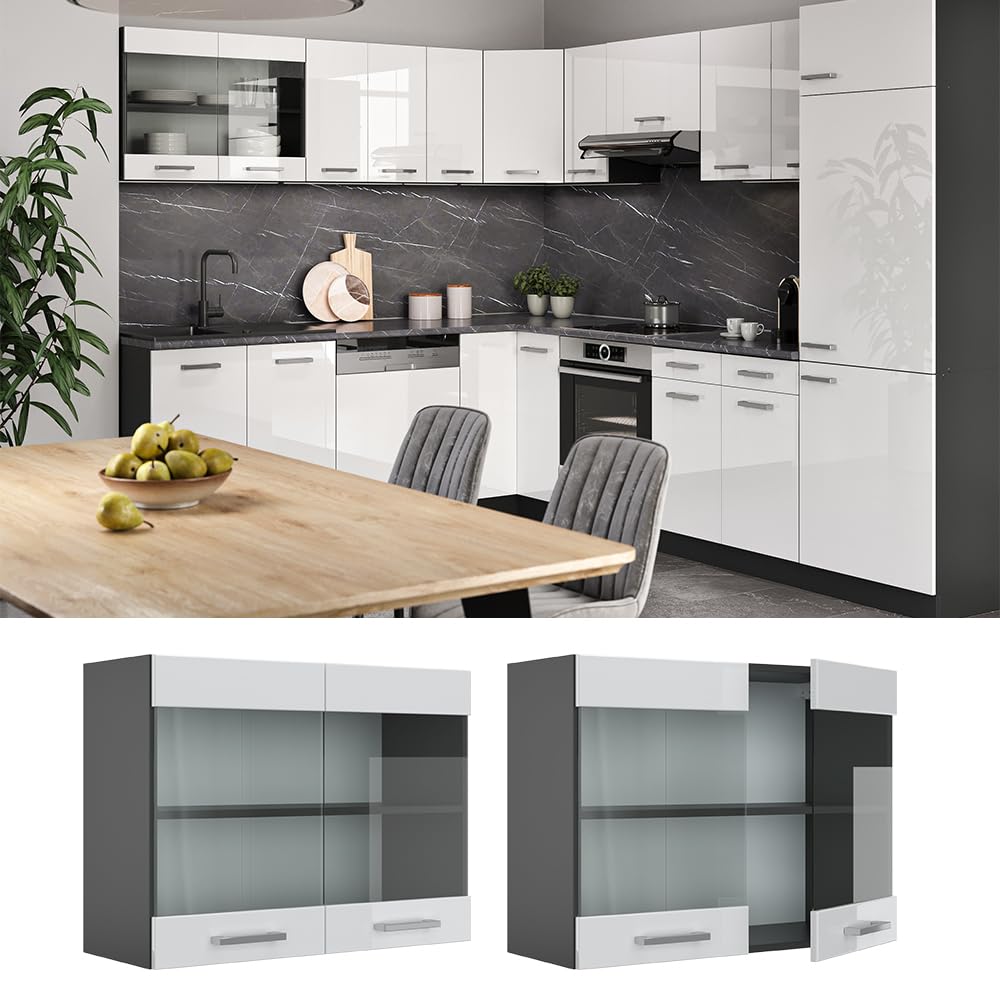 Vicco Armario de Cocina con Vidrio R-Line, Blanco Alto Brillo, 80 cm, para combinación Libre Dentro de Sistemas de Cocina modulares