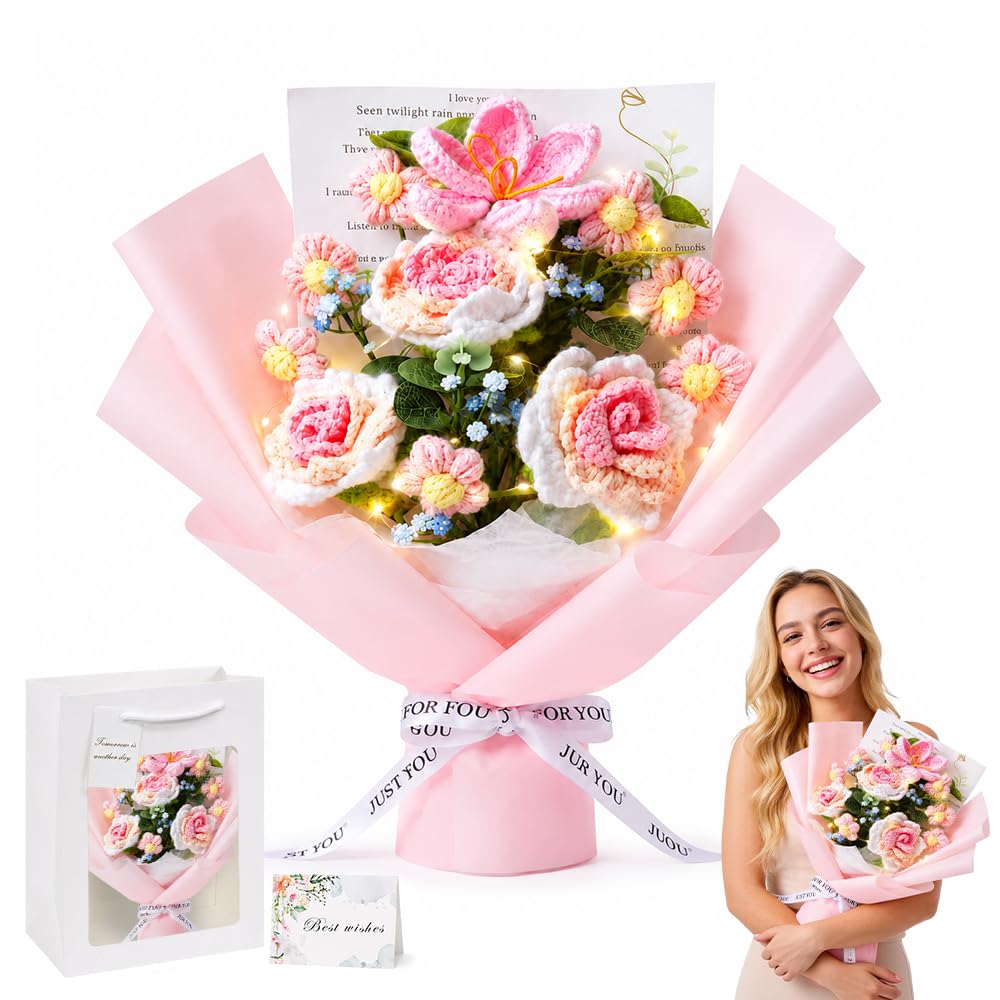 Wxeadu Crochet Flowers Bouquet, Handmade Crochet Flower Bouquet with Gift Bag & Card, Knitted Flowers Mom/Anniversary/Graduation/Home Decoration/Wedding (Pink-2)