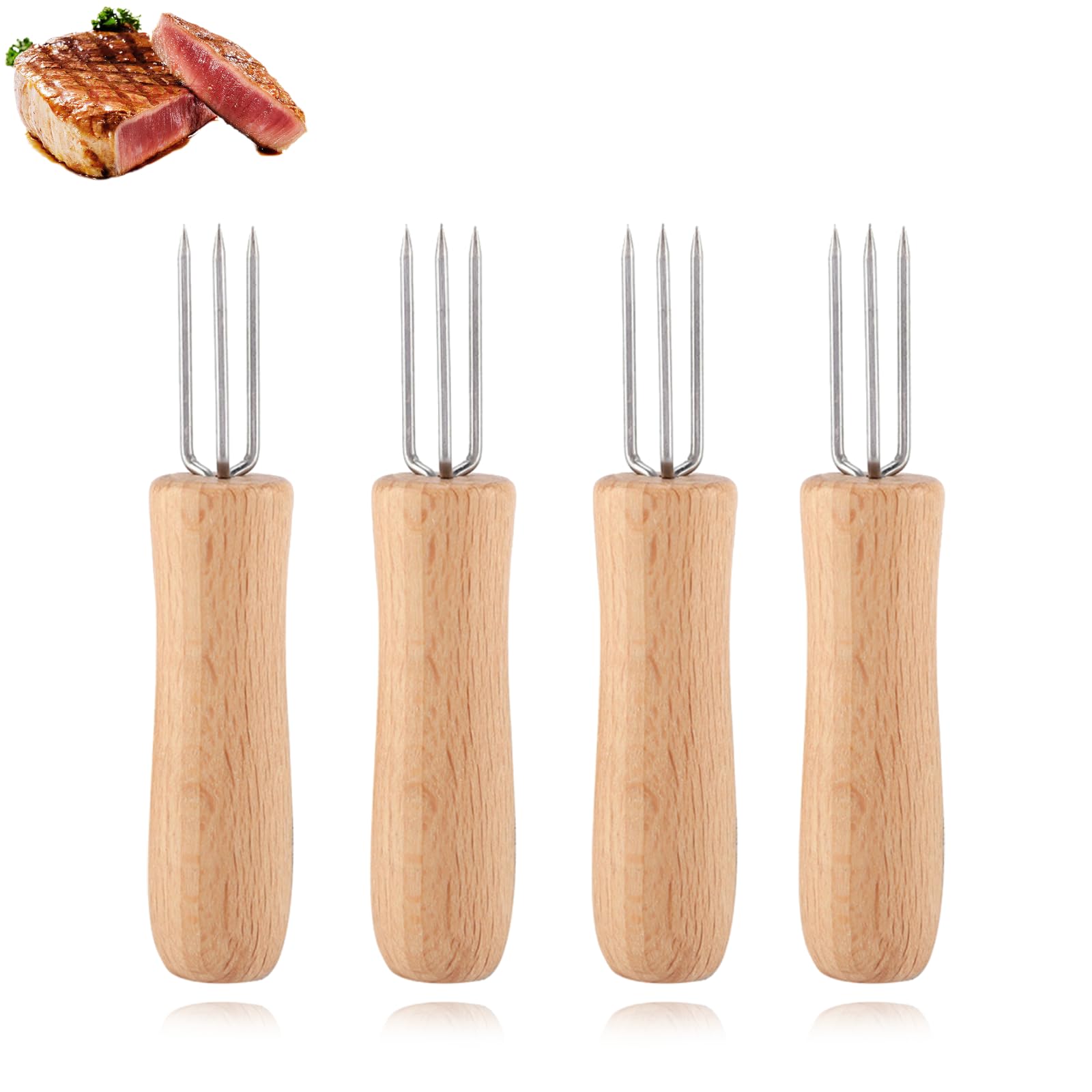 4Pcs Stainless Steel Corn Holders, Corn Cob Holders Wooden Handle for BBQ Meat Fruit Forks Barbecue