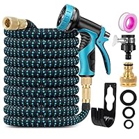 ZhiheHui Garden Hose 50FT Garden Retractable Hose w/ 3/4''，1/2 Fitting & 16mm Universal Adapter Garden Hose w/ 10 Patterns of Water Spray Guns Garden Watering Car Washing Pet Bathing etc.，Blue 50ft