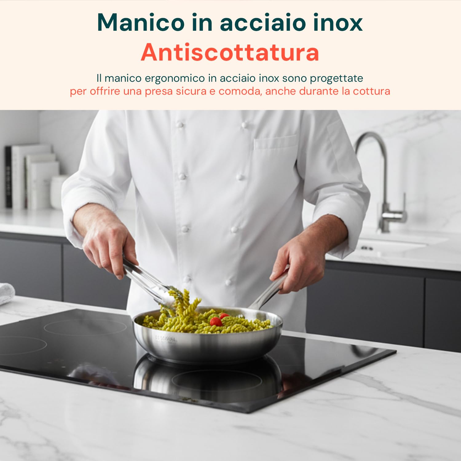 Wintem Wok Saltapasta 32cm in Alluminio Riciclato e Manico Ergonomico in Acciaio Inox - Doppio Fondo Brevettato 16,6cm e Adatto a Tutti i Tipi di Piani Cottura - Resistente fino a 300°C