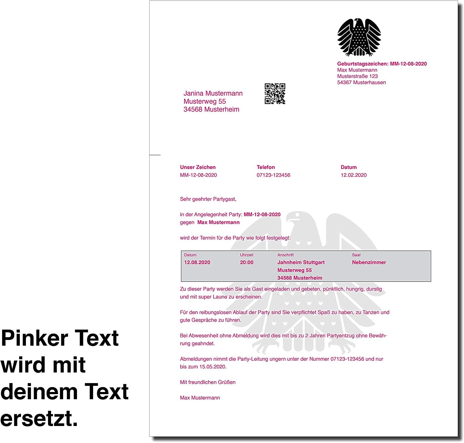 Einladungskarten zum Geburtstag als Mahnbescheid - Vorladung - witzige Einladungskarten zum Geburtstag - 30er 40er 50er 60er 70er - (20 Stück)