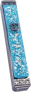 Sparkling Art Glass Mezuzah - Easy Mount Indoor or Outdoor - Weatherproof Metal Case - Gift Box and Non-Kosher Scroll Included - Hand Made in USA - Guaranteed for Life! (Opal Blue)