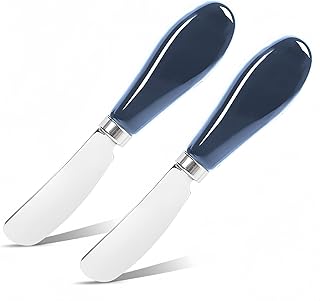 Butter Spreader Knife Set, 2-Pack Stainless Steel Cheese and Butter Knives with Ceramic Handle, Dishwasher Safe, for Soft & Hard Cheese, Jam, Cold Butter (Navy Blue)