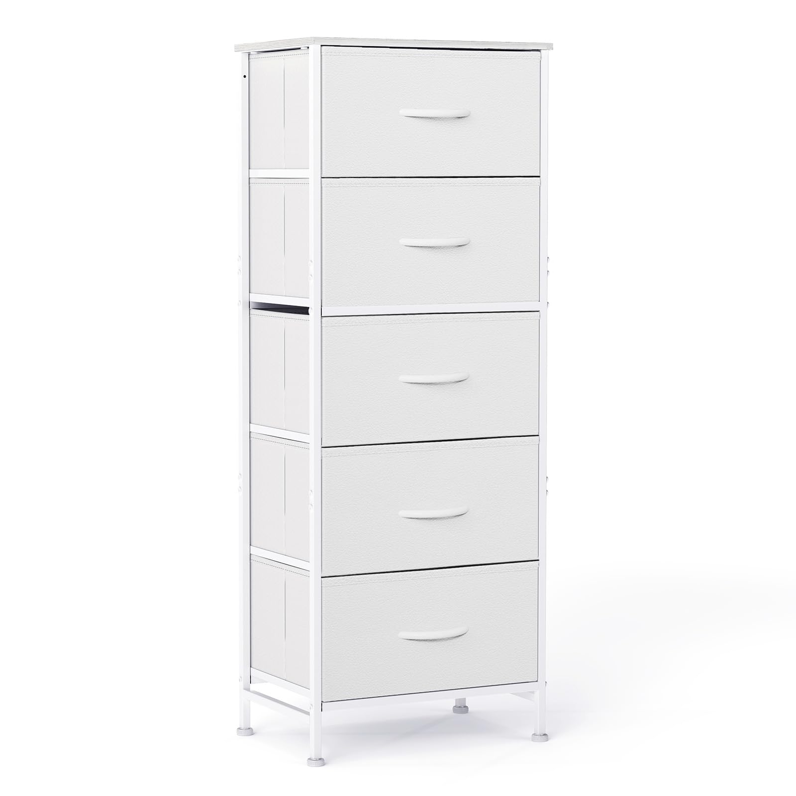 Sweetcrispy 5 Drawer Dresser with Fabric Bins Steel Frame Wood top Storage Chest for Bedroom Closet Hallway White Compact Organizer Durable Home Storage Solution