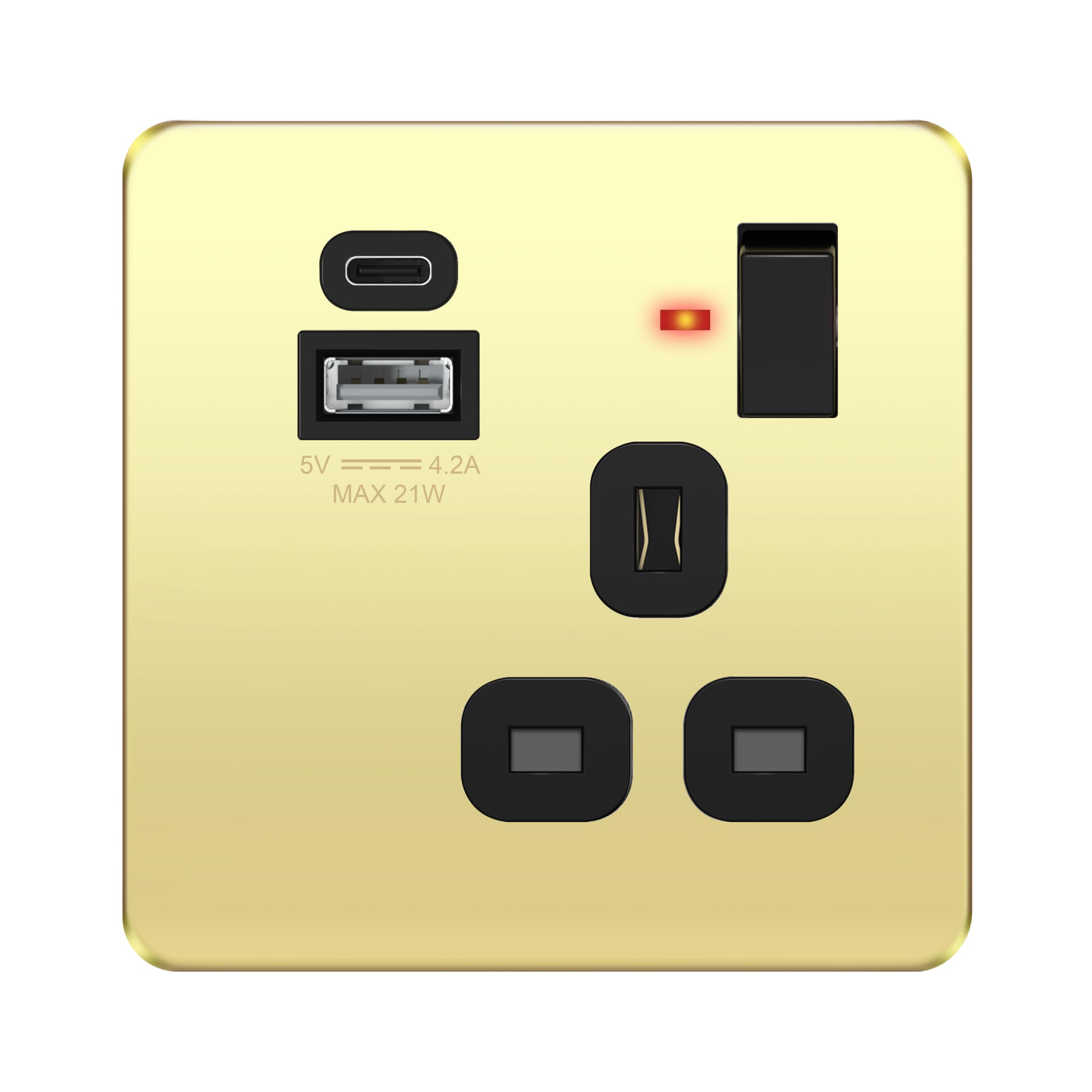 LIDER 1-Gang Switched Socket with 20W USB-A&C Charger, LED Power Indicator, Combined 5V/4.2A (20W) Output, Stainless Steel, UKCA Certified, Durable Metal Faceplate, Polished Brass (Use 35mm back box) — image 1