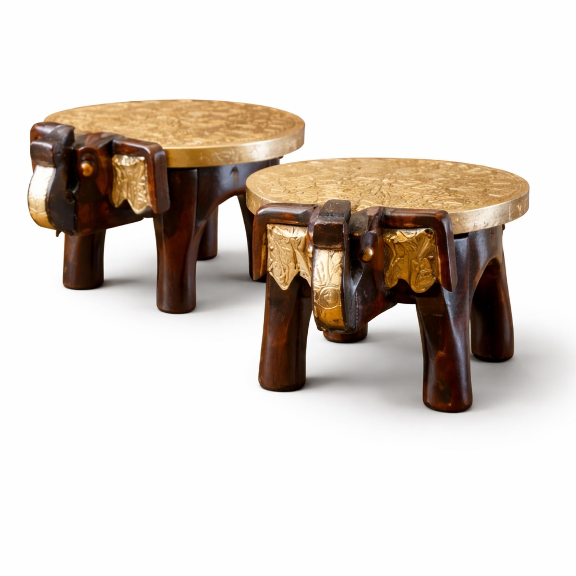 Handcrafted Wooden Mini Elephant Maharaja Blue Stool - Set of 2 | Decorative Traditional Indian Style Brass Fitted Regal Elephant Stool | Size - Height 4 inch. Home Decoration-image-2