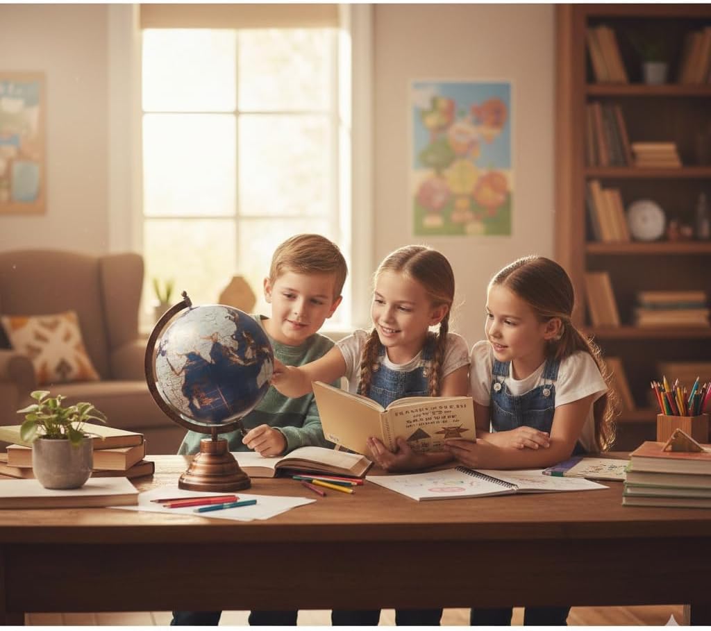 Vintage Blue World Globe with Antique Bronze Metal Stand, 8 Inches, Decorative Desk Globe for Home & Office, Educational Table Decor