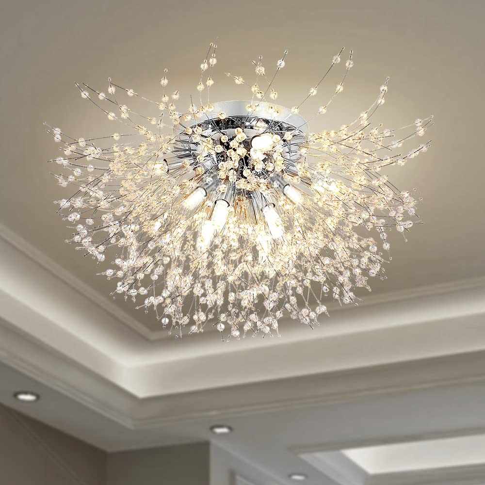 Lampa sufitowa fajerwerków, nowoczesny kryształowy żyrandol w kształcie mniszka lekarskiego, 8 świateł (LED G9 w zestawie) 56 taśm kryształowych, 3 rodzaje temperatury barwowej (3000K, 4000K,