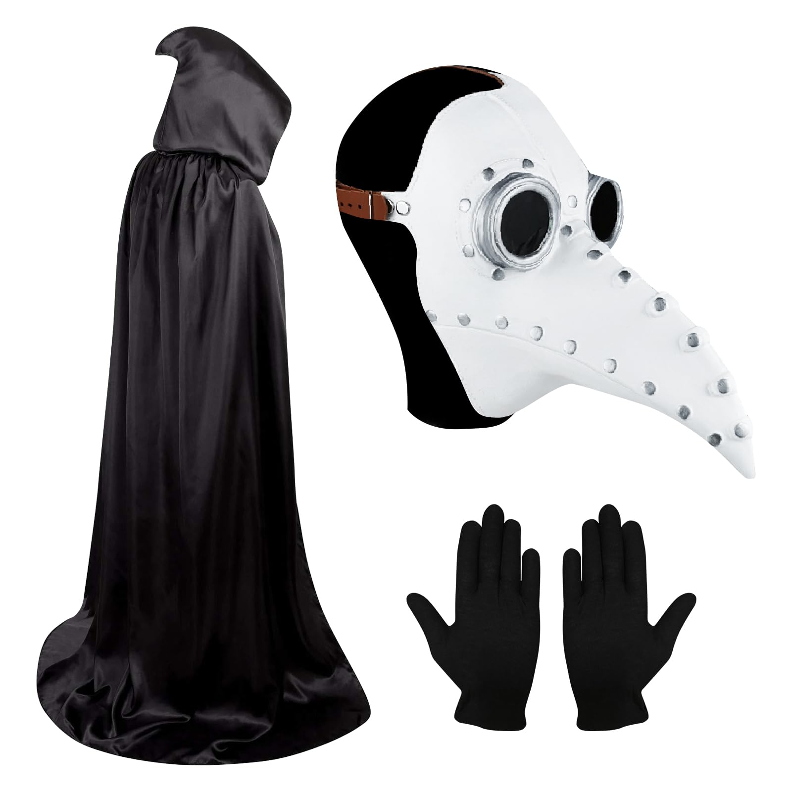 Skystuff Plague Doctor Mask, Halloween Long Nose Bird Beak, Steampunk Latex Birds Beak Mask with Gloves and Hooded Cloak