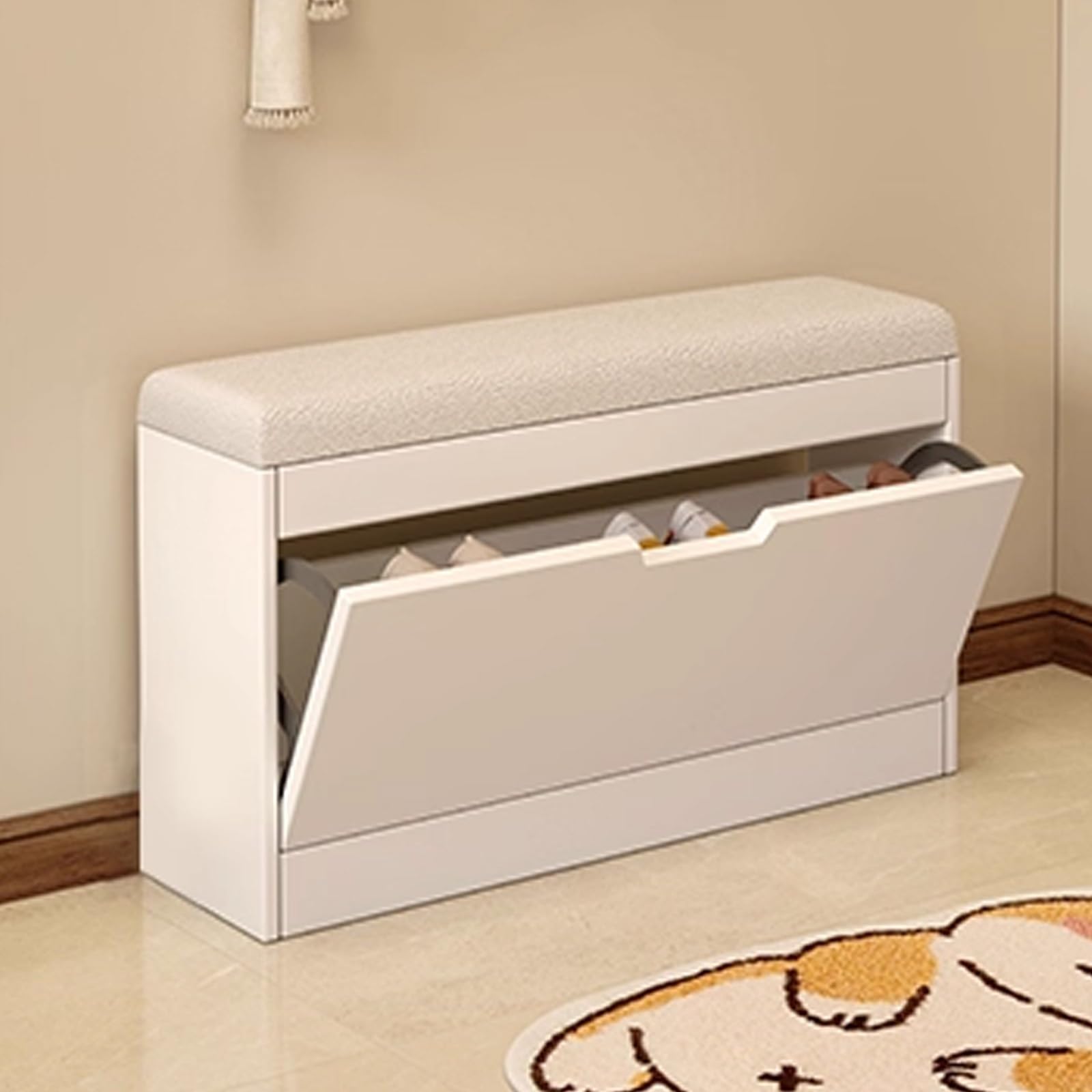 Estrecho 17 Cm Banco Zapatero Blanco Pasillo Multifuncional Armario Zapateros Baúl con Puerta abatible Estante De Pie Libre Asiento Acolchado para Entradas Dormitorios(White,60x17x46cm)