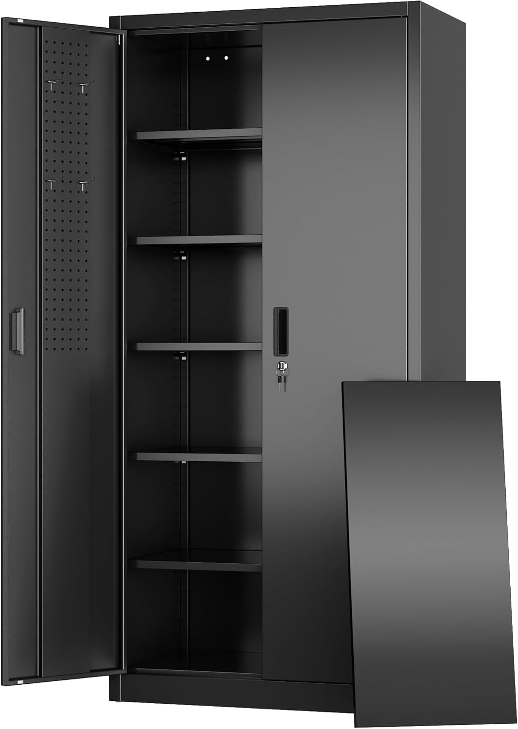 Aobabo Upgraded 71" H34" W18" D Metal Garage Storage Cabinet with Pegboards, Lockable Steel Cabinet with 5 Adjustable Shelves and 4 Hooks for Garage, Home, Office, Black,Assembly Required