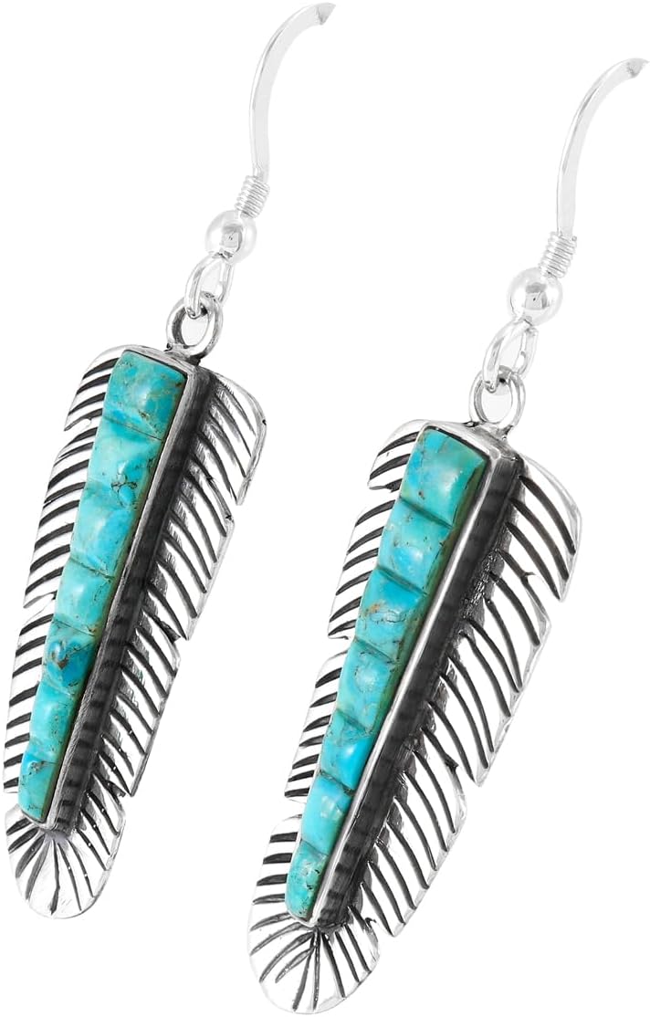 Feathers Turquoise Earrings 925 Sterling Silver & Genuine Gemstones - Image 3