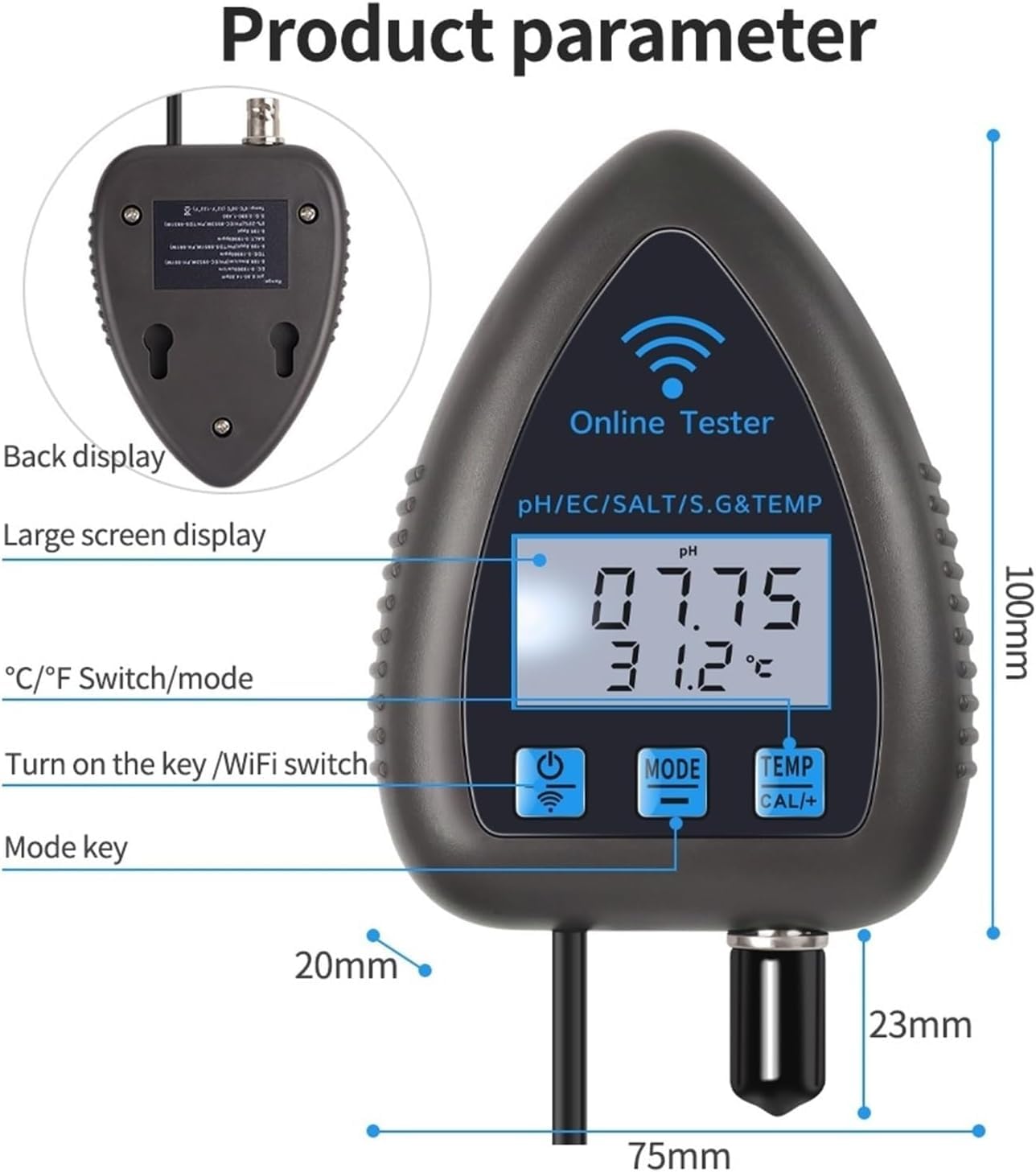 Tester Wody Tuya Wifi 5 W 1 Monitor Jakości Wody Tds Ec SÓl Ph Sg Temp Wielofunkcyjny Analizator Wody Bluetooth Do Akwariów I Akwakultury, Style 2
