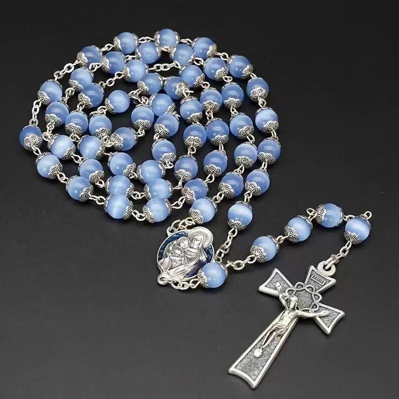 Rosary Beads Catholic for Woman - Italy 8-9mm AAA+ Natural Blue Cat Eyes Gemstone Rosary Beads. - Image 2