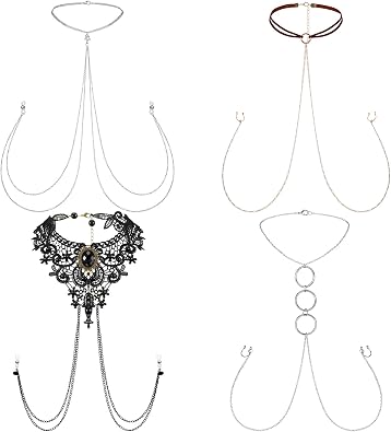 Bonuci 4 Pcs Non Piercing Bra Body Chain with Necklaces Body Chain Non Piercing Adjustable Bra Jewelry