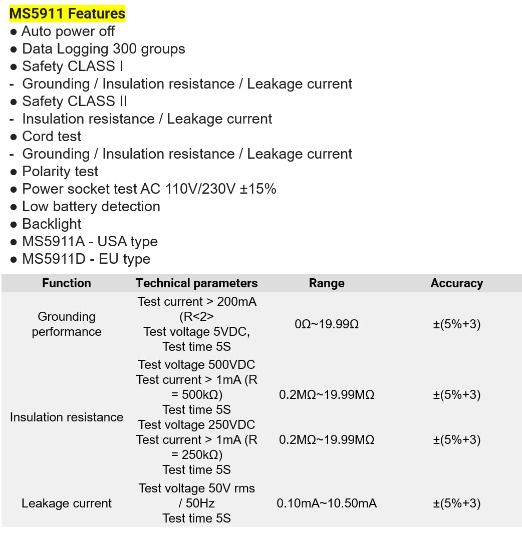 MS5911 PAT Tester Auto Power Off Data Logging 300 Groups Grounding/Insulation Resistance/Leakage Current Tester