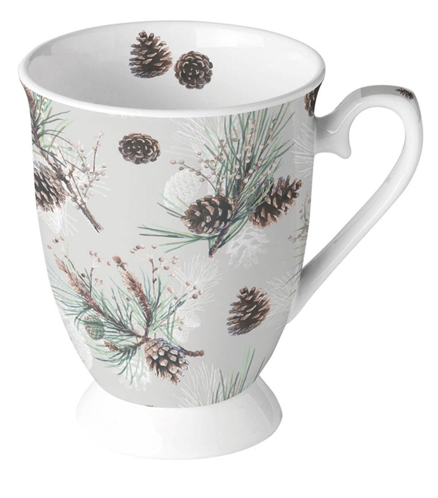 Ambiente Porzellantasse mit Fuß Teetasse Kaffeetasse Becher Mug 0,25l Zapfen und Zweige pine cone all over Fine Bone China Winter Advent Weihnachten Küche, Haushalt & Wohnen