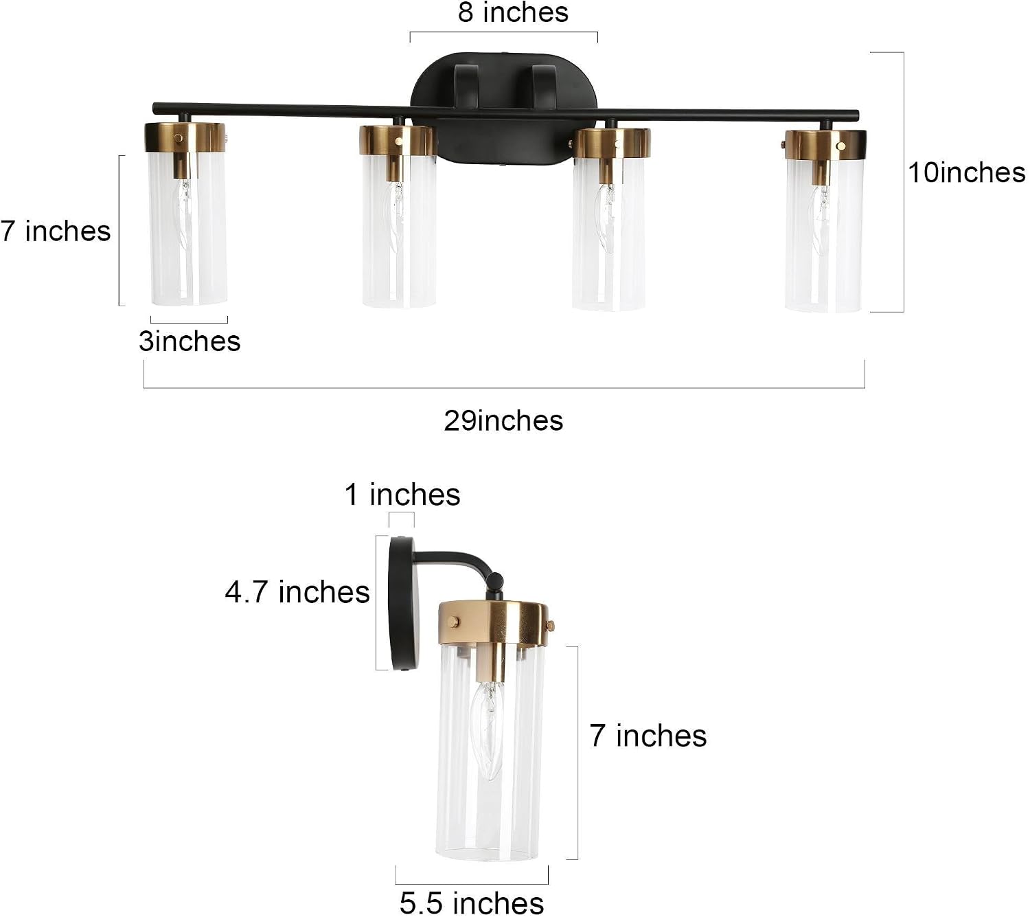 KSANA Large 29" Bathroom Light Fixture, Black Gold 4 Light Vanity Lights Mid-Century Modern Bathroom Vanity Lighting with Cylinder Clear Glass Shade, Black & Electroplated Gold Finish