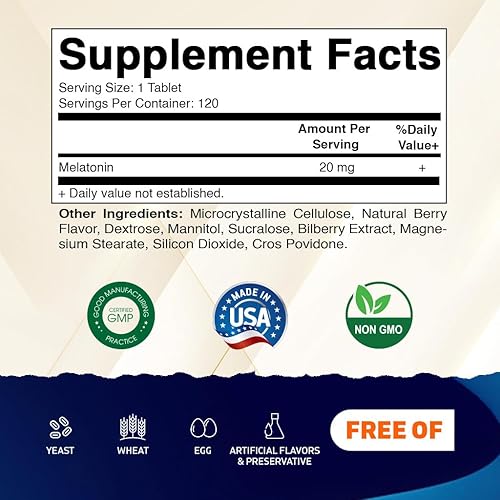 Miniatura 2 de Vitamatic Tabletas de melatonina de 20 mg  Sabor natural a bayas  120 tabletas vegetarianas por botella  6 botellas (total 720)