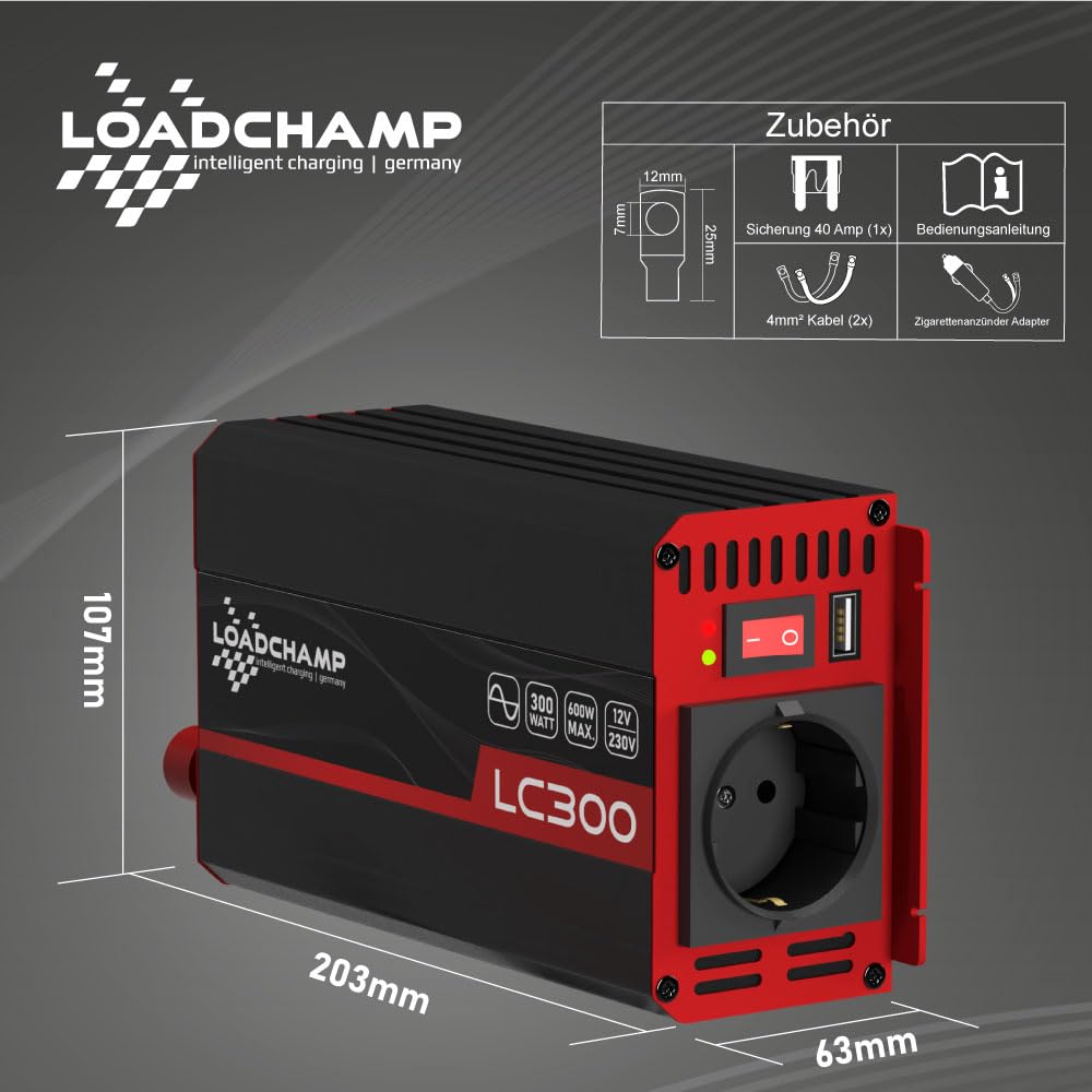 LOADCHAMP Wechselrichter 300W / 600W Reiner Sinus Spannungswandler 12v 230v Inverter LCD-Display Stromerzeuger Solar Wohnmobil