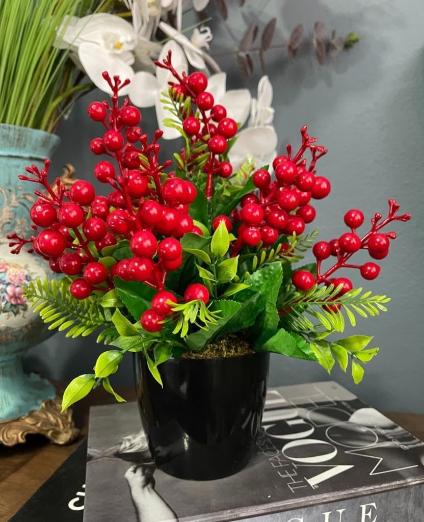 Nettenevime Yapay Çiçek Yılbaşı Çiçeği Kırmızı Kokina Siyah Saksıda 14 Dal 30 * 25cm
