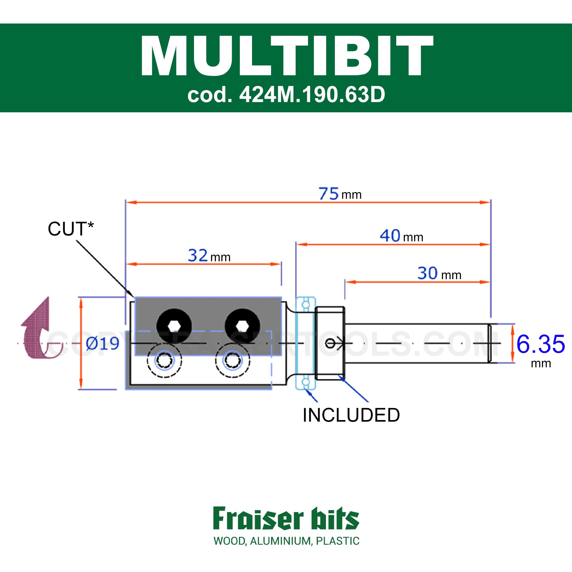 Fraiser MULTIBIT frezarka wielofunkcyjna do rowkowania, przycinania, kopiowania, wiercenia i cięcia, średnica 19 mm, trzonek 6,35 mm, z 2 wkładkami do górnego i łożyska, do frezarki ręcznej