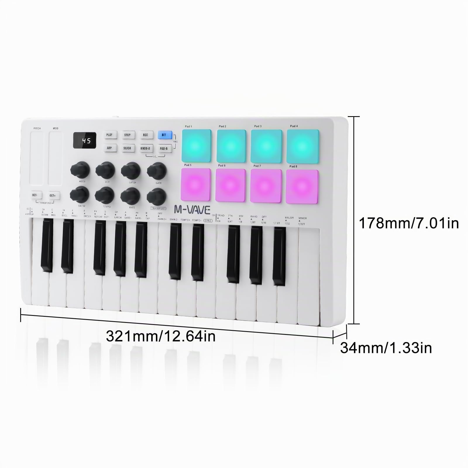 Nikou M-VAVE MIDI Tastatur Controller, USB Mini 25 Tasten Professionelles Dynamisches Tastenbett Elektro Musik Arranger Keyboard mit RGB-Schlagzeugpads Weiß