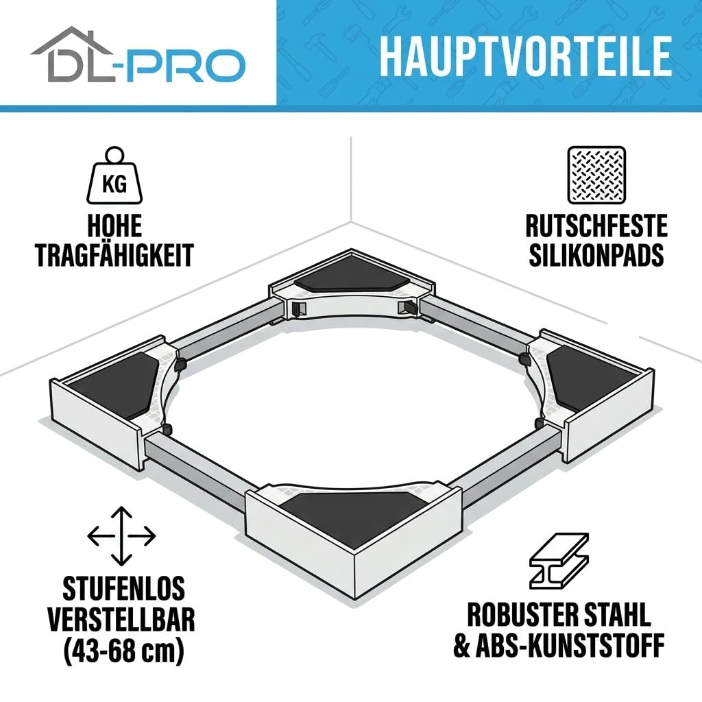 DL-PRO Universal Zwischenbaurahmen 43–68 cm Set | Verbindungsrahmen für Waschmaschine Trockner stapeln mit Ratschenseil | kompatibel mit Bosch Siemens Miele AEG Samsung LG Bauknecht
