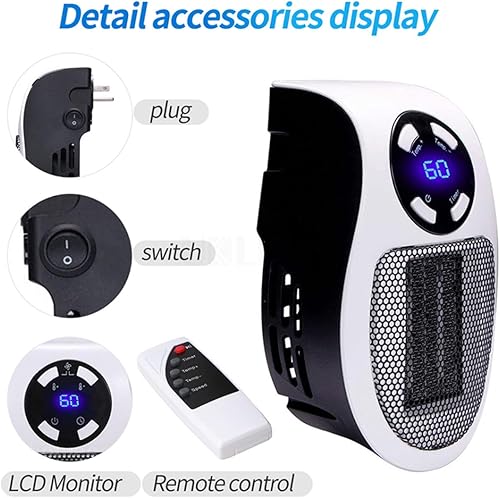 Miniatura 5 de Calentador de enchufe portátil, calentador eléctrico de 500 W para interiores con protección contra sobrecalentamiento, termostato electrónico