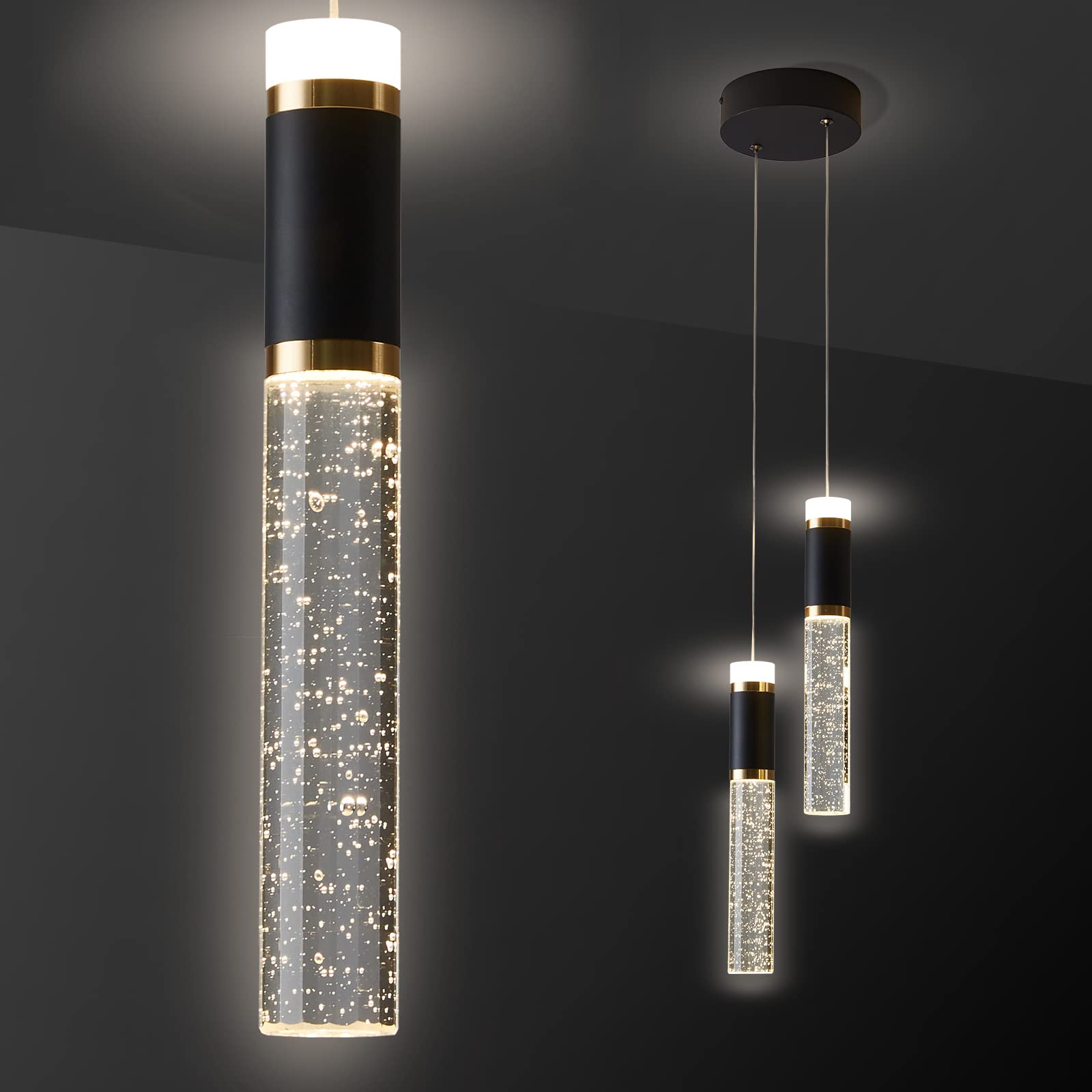 LED noir et or suspension luminaire moderne cristal pour îlot cuisine et salon