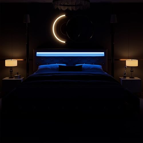 Miniatura 9 de Keyluv Base de cama LED tapizada de terciopelo de tamaño matrimonial con 4 cajones de almacenamiento, cabecera capitonada con botones de cristal y