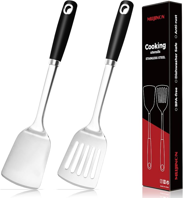 Juego de espátula de 14 pulgadas, espátula ranurada y espátula resistente de acero inoxidable 18/0, juego de utensilios de cocina, resistente al calor, asar a freír y servir alimentos, paquete de 2