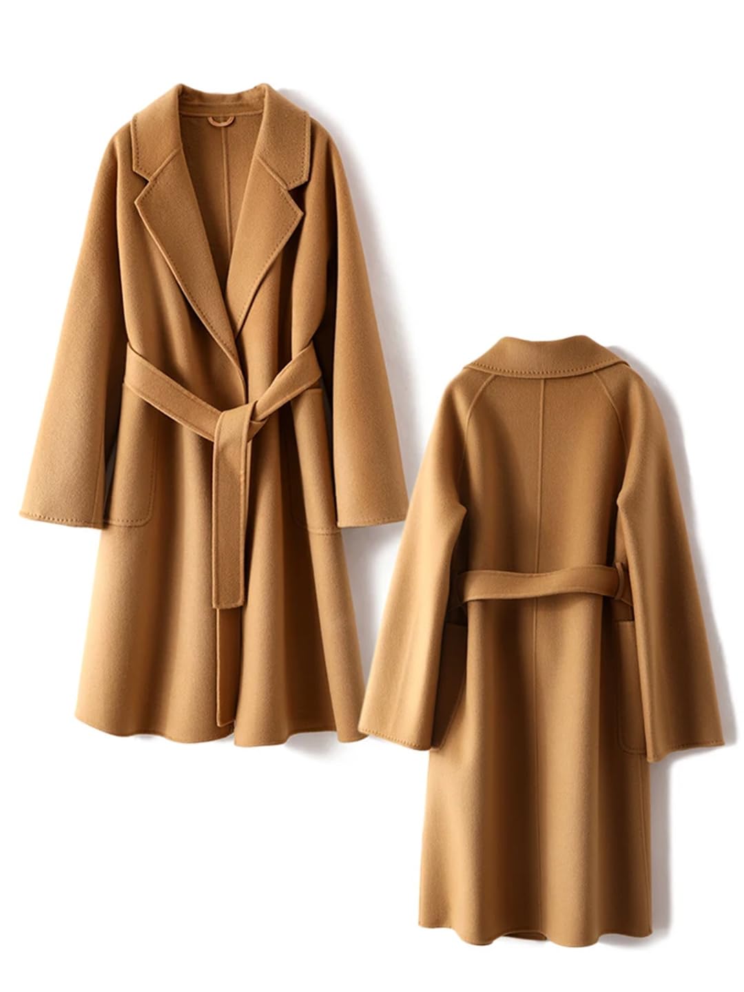 Abrigo largo de lana con cinturón para mujer, clásico, otoño, invierno, cuello vuelto, abrigo largo sólido
