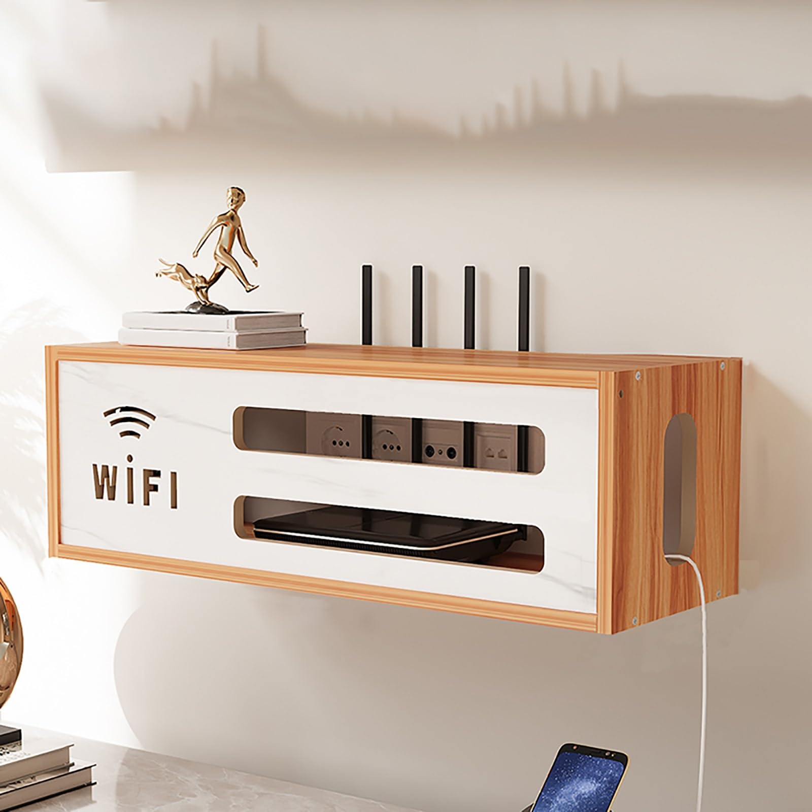 Boîtier de Rangement Mural en Bois pour routeur WiFi, Meuble de Rangement multimédia Grande capacité pour Chambre, Salon, Bureau et Maison