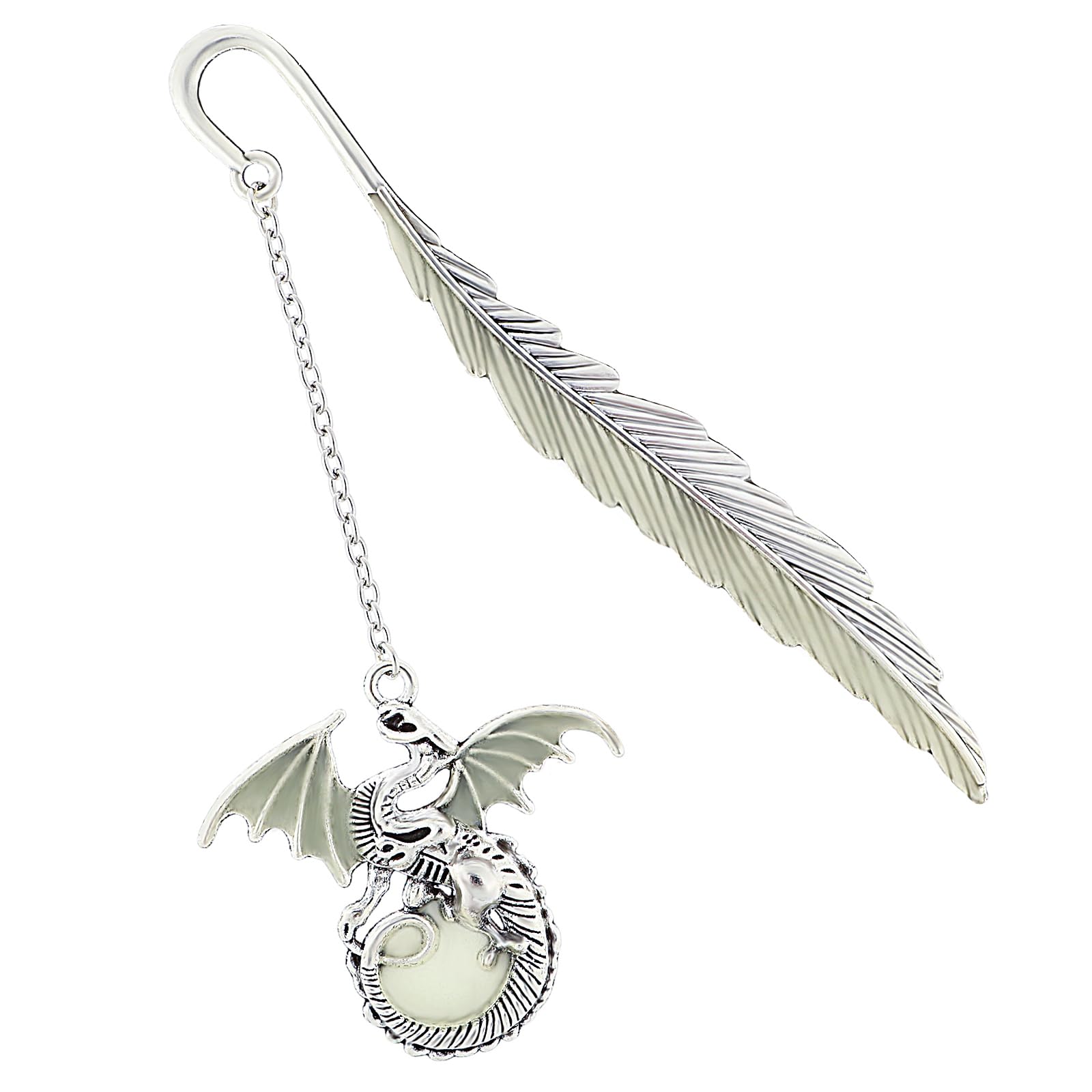Jeffdad Feather Dragon Bookmark - Glow in The Dark Fantasy Bookmark Gifts for Women & Men (Silver Dragon)
