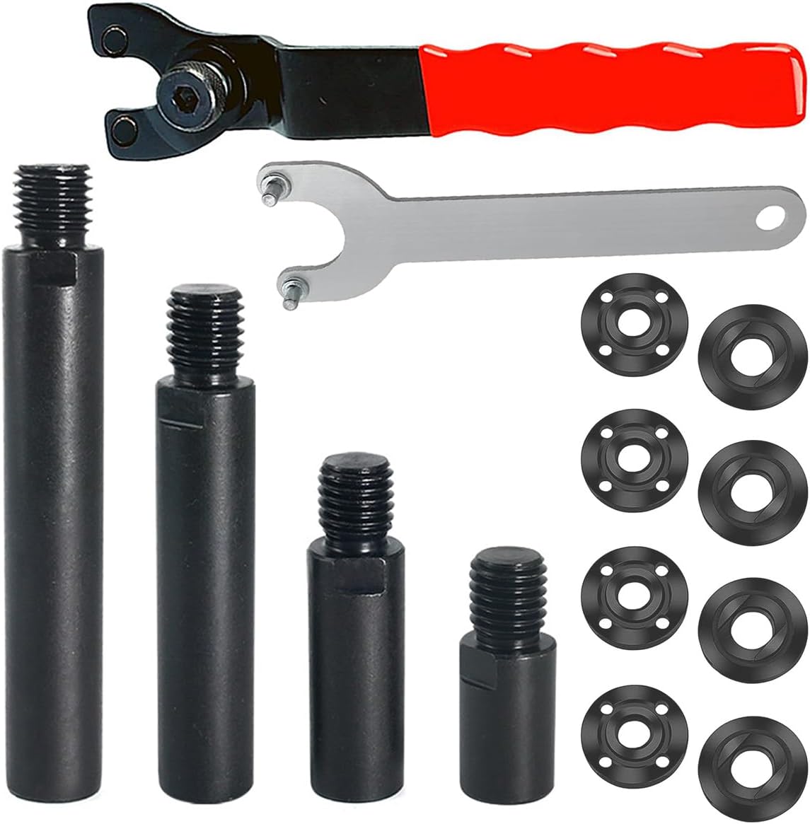 14PCS 5/8″ 11 Angle Grinder Extension Rods Set 4 Size(2",3″, 4″, 5.5″) with Adjustable Spanner Wrench & 4 Sets Flange Lock Nuts-Universal Adapter for 5/8" 11 Thread Grinders