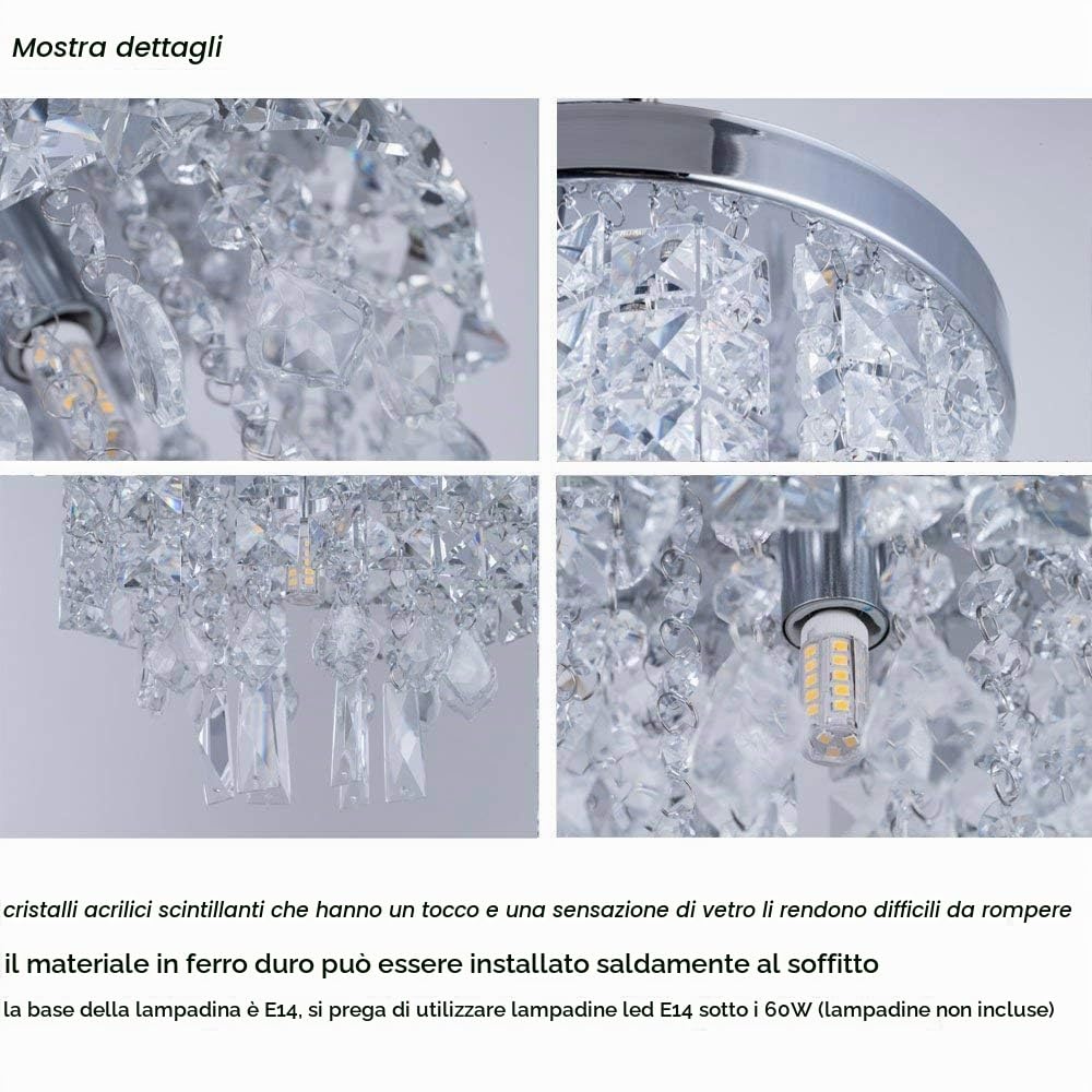 Plafoniera Cristallo,Moderno Soffitto Luci Soggiorno,Luce del Pendente Lampadario Illuminazione-Ø20cm